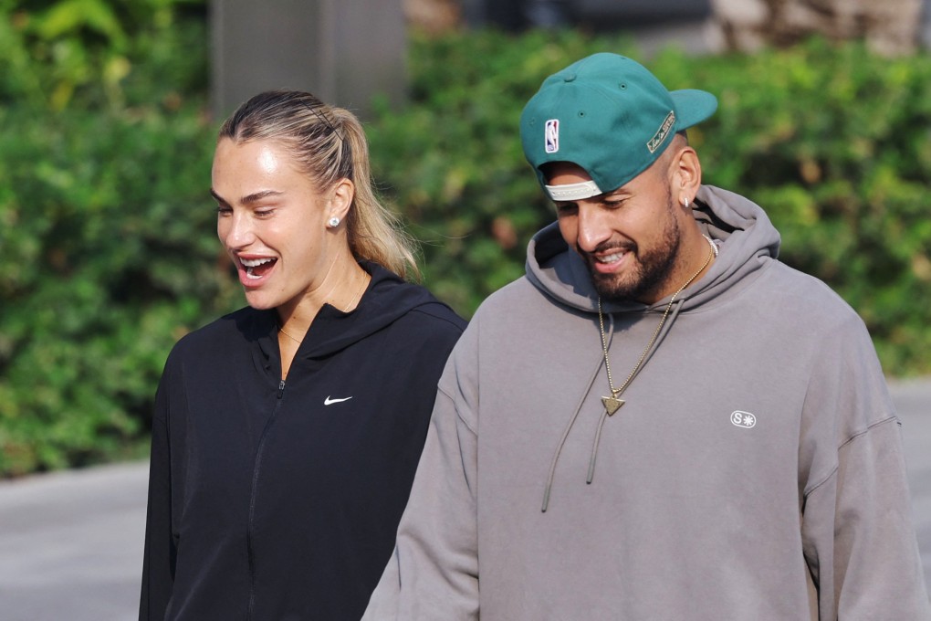 Nick Kyrgios and Aryna Sabalenka arrive for the “Battle of the Sexes” press conference in Dubai on Saturday. Photo: Reuters