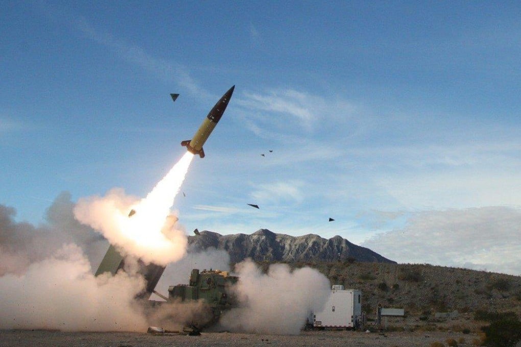 An Army Tactical Missile System (ATACMS) missile, a long-range guided weapon fired from the Multiple Launch Rocket System (MLRS), shown during a military display. Photo: Handout