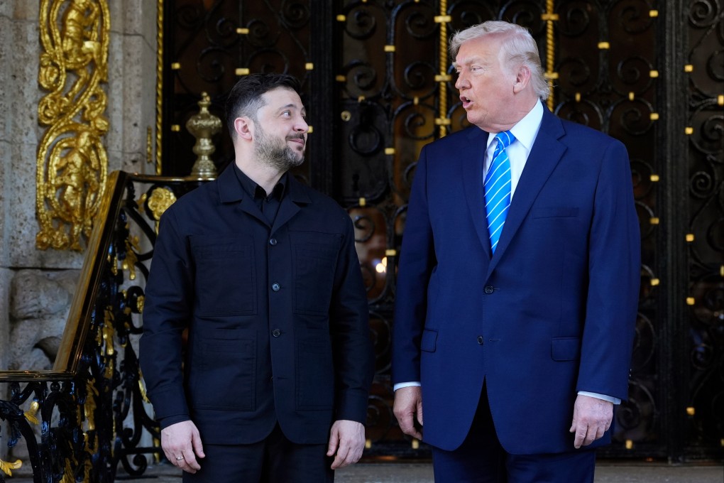 US President Donald Trump, right, greets Ukraine’s President Volodymyr Zelensky at his Mar-a-Lago club in West Palm Beach, Florida on Sunday. Photo: AP