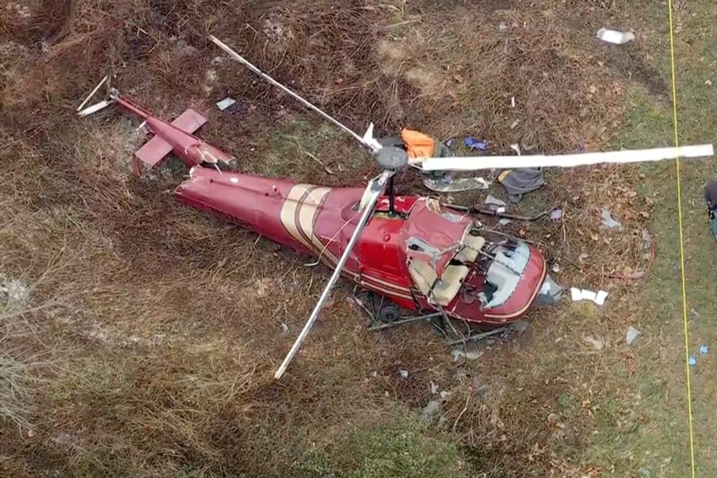The scene after two helicopters crashed in Hammonton, New Jersey on Sunday. Photo: WPVI-TV/6ABC via AP