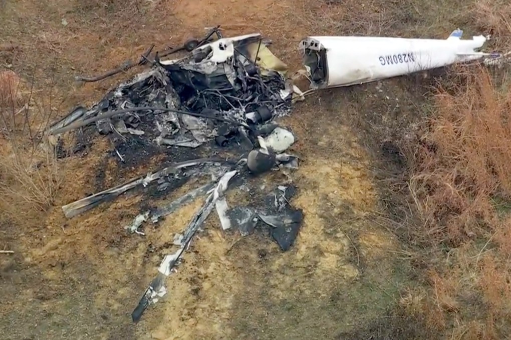 Debris from a helicopter after two helicopters crashed in Hammonton, New Jersey on Sunday. Photo: WPVI-TV / 6ABC via AP