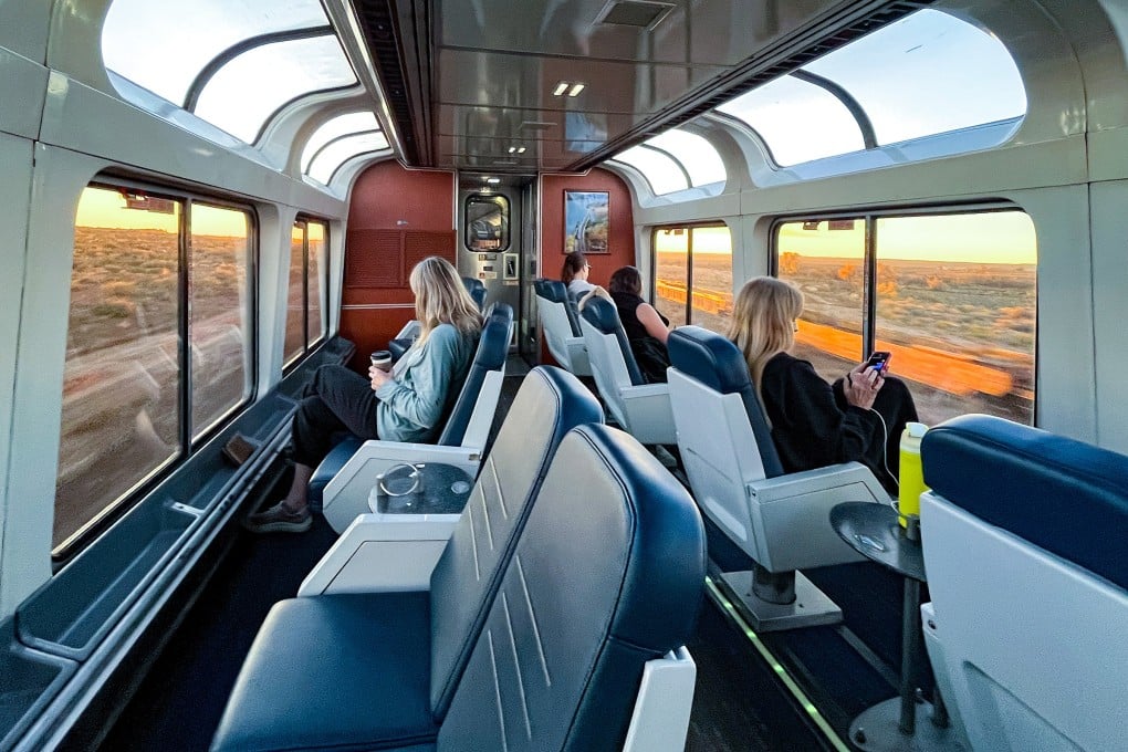 Passengers on the Southwest Chief train relax in the Sightseer Lounge on the trip between Los Angeles and Chicago. Photo: TNS