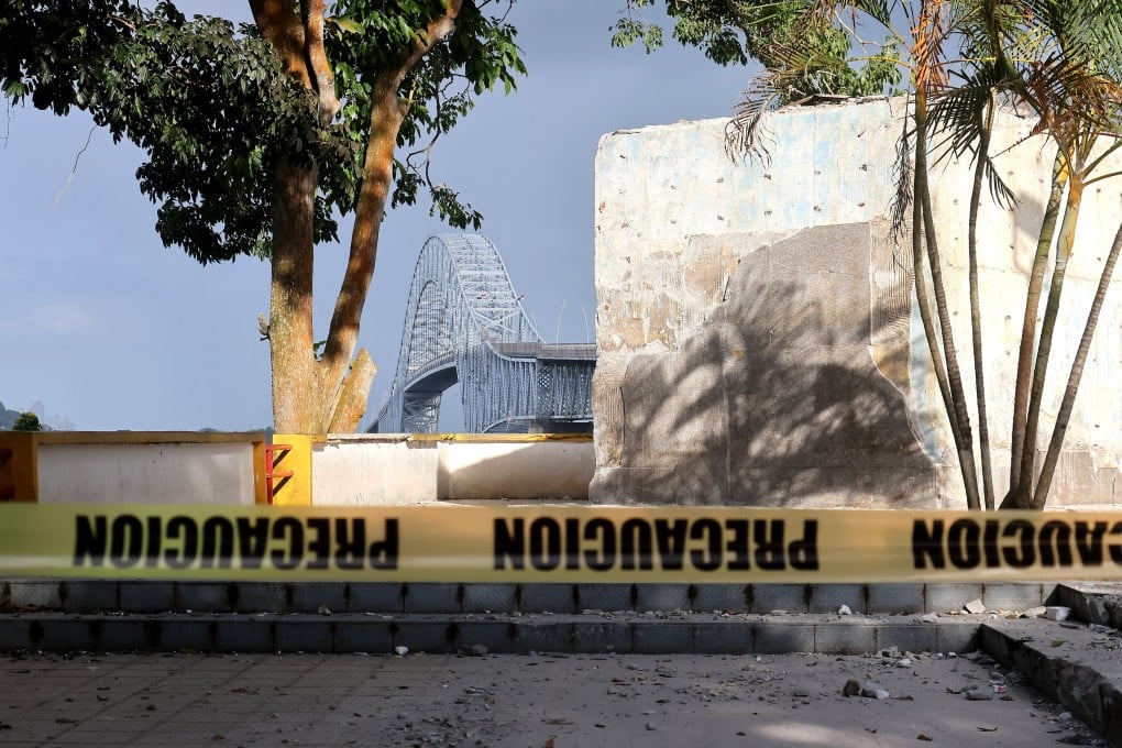 Police tape surrounds the area where a monument to the Chinese community once stood in Panama City, Panama. Photo: EPA