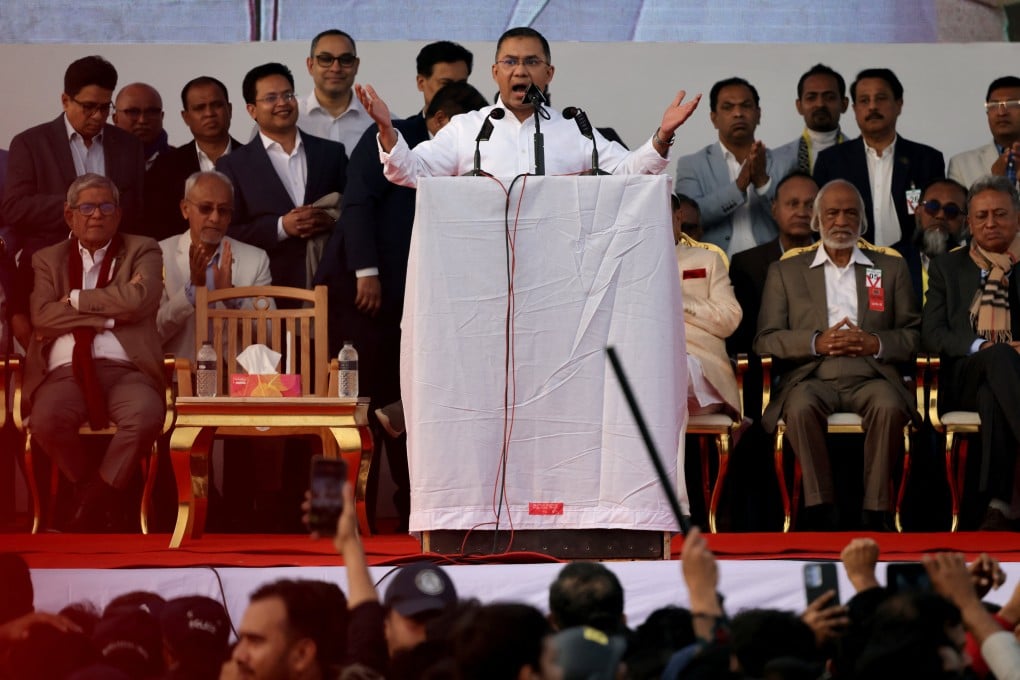 Then acting Bangladesh Nationalist Party chairman Tarique Rahman addresses his supporters after his return from London in Dhaka on December 25. Photo: Reuters