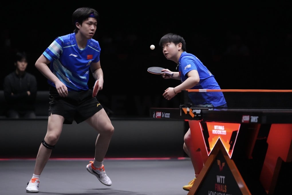 Wang Chuqin (left) and Sun Yingsha compete during the mixed doubles final against South Korea’s Lim Jonghoon and Shin Yubin of South Korea at the WTT Finals Hong Kong. Photo: Xinhua