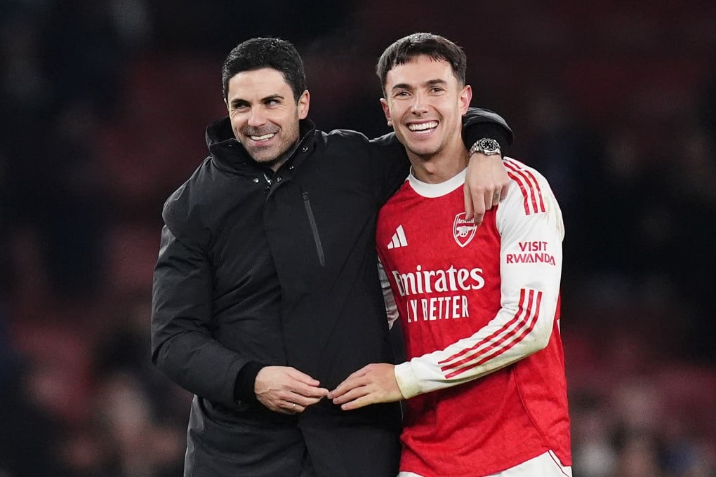 Arsenal’s Martin Zubimendi (right) and manager Mikel Arteta celebrate after beating Aston Villa at the Emirates Stadium. Photo: dpa