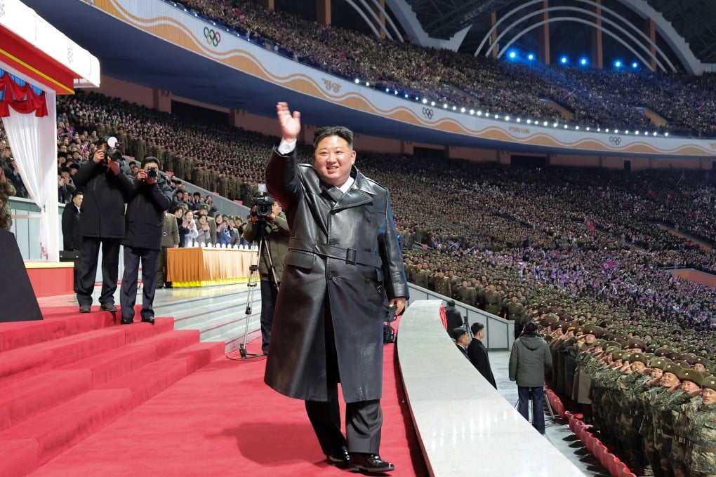 North Korean leader Kim Jong-un waving during an art performance celebrating the new year at the May Day Stadium in Pyongyang, North Korea, on Thursday. Photo: EPA/KCNA