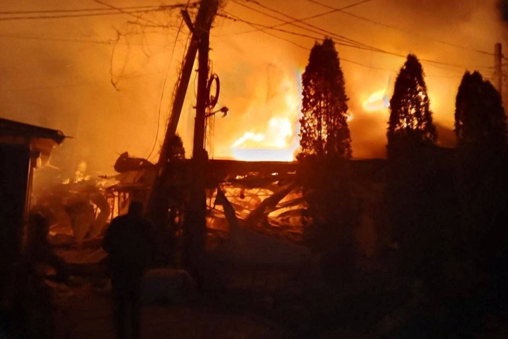 Flames and smoke rise after a reported Ukrainian drone strike on a hotel and cafe in Russian-controlled Khorly, Kherson Region on Thursday. Photo: Governor of Kherson Region Vladimir Saldo via Telegram/Reuters