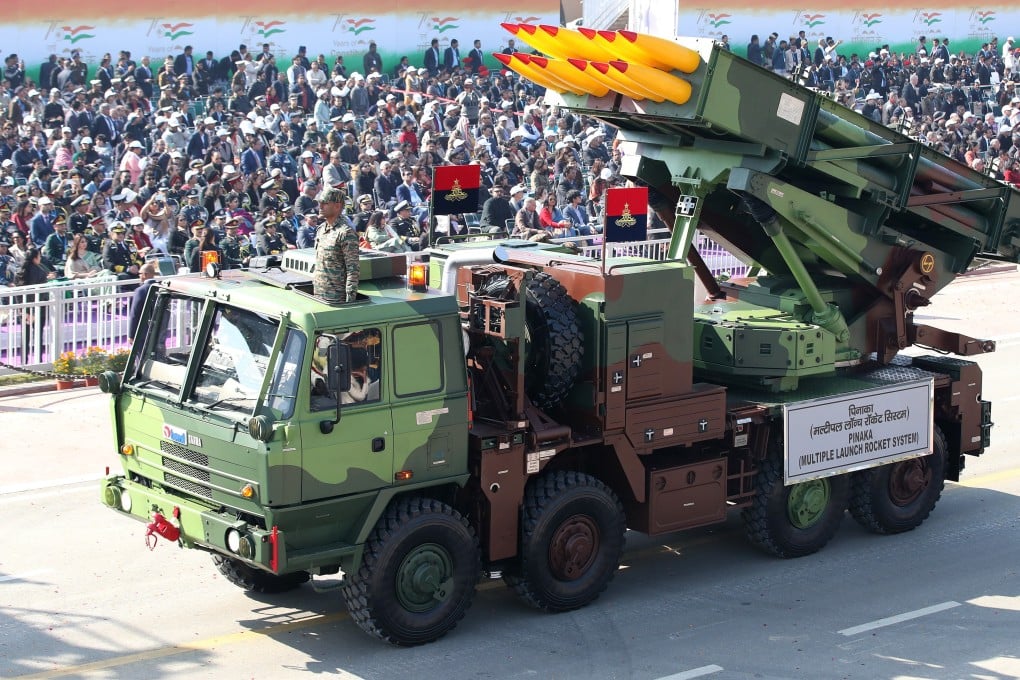 A Pinaka multiple launch rocket system on display during India’s 76th Republic Day celebrations in New Delhi, on January 26 last year. Photo: EPA-EFE