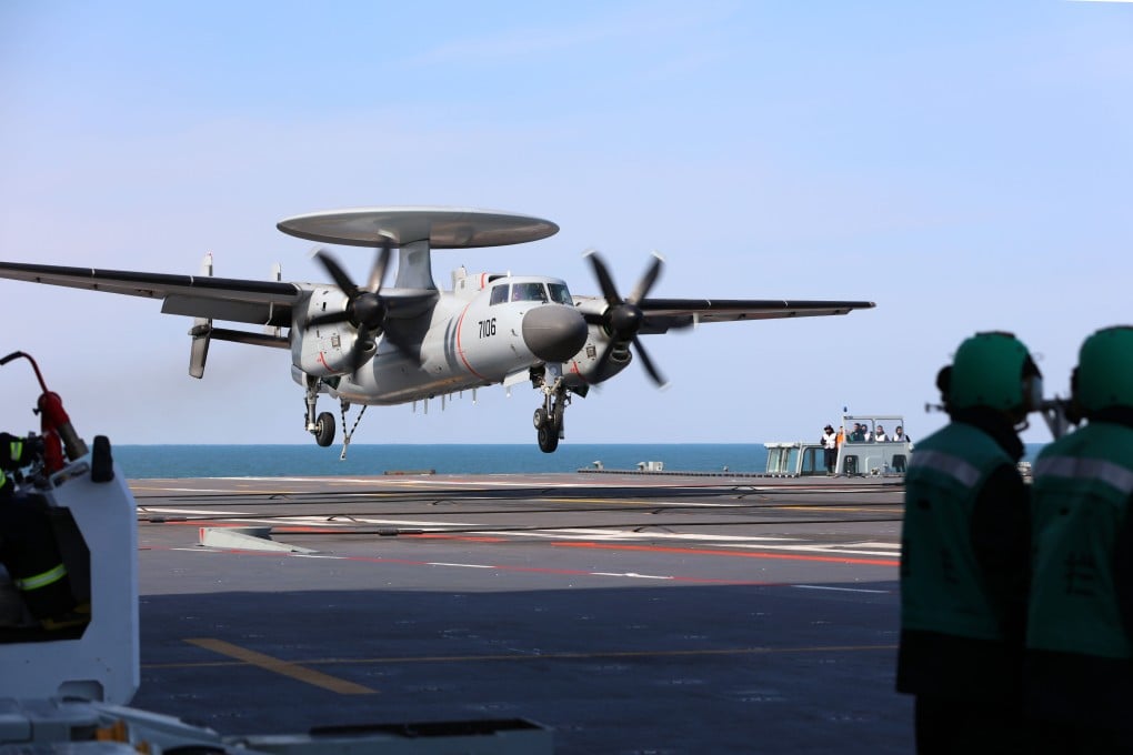 A KJ-600 airborne early warning and control aircraft makes an arrested landing on China’s catapult-equipped aircraft carrier Fujian. Photo: Xinhua