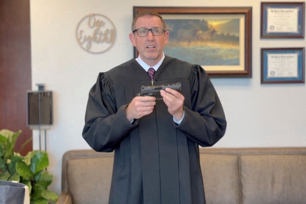 US Circuit Judge Lawrence VanDyke appears in a video released in March 2025 to show his dissent from a ruling upholding California’s ban on magazines that hold more than 10 rounds of ammunition, in California. Photo: 9th U.S. Circuit Court of Appeals/Handout/Reuters