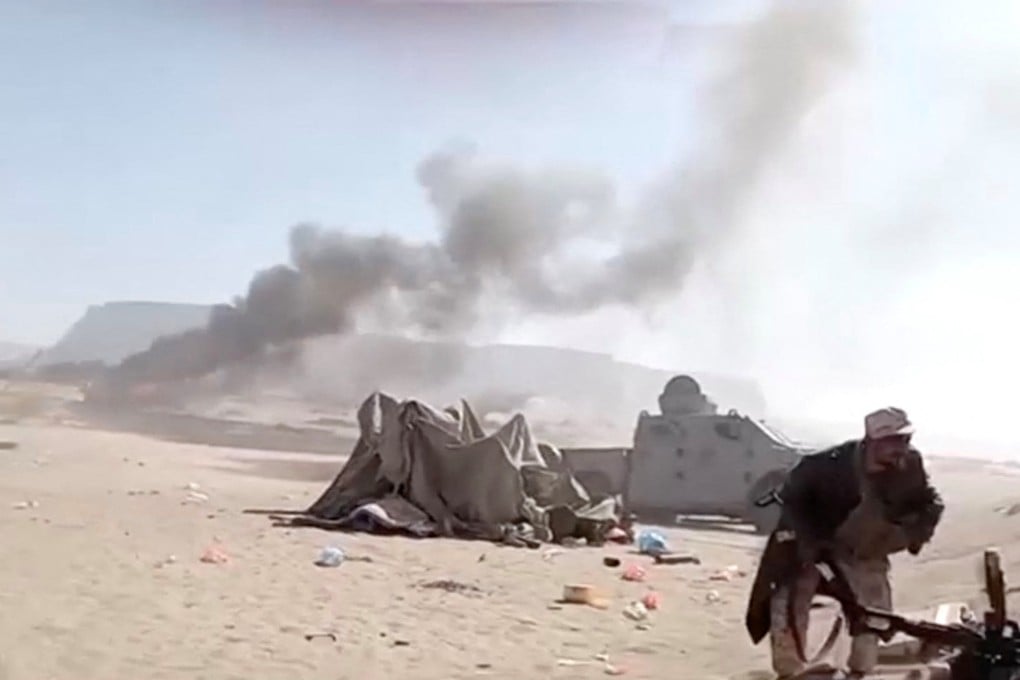 A video claiming to show Saudi airstrikes targeting Southern Transitional Council positions in Sayoun, Yemen. Photo: UGC/Reuters