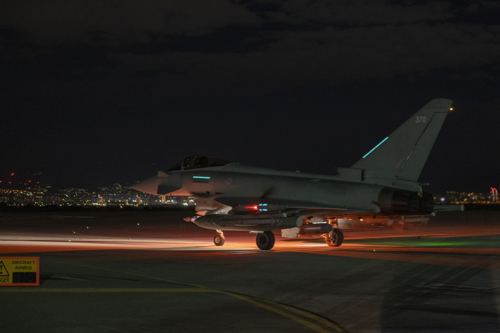 A UK Royal Air Force Typhoon aircraft at an undisclosed location in the Middle East. RAF Typhoon FGR4s joined French aircraft in a joint strike against the Daesh group in Syria on Saturday, the UK defence ministry said. Photo: EPA / SGT Lee Goddard / Handout