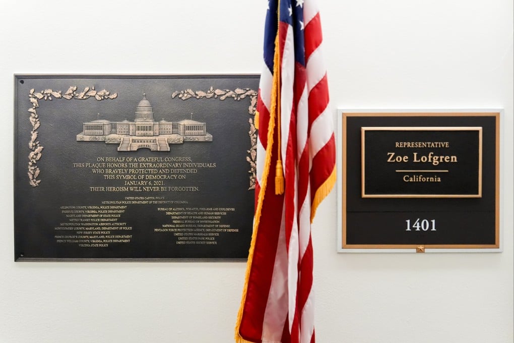 A replica plaque marking the January 6 Capitol riot hangs outside Representative Zoe Lofgren’s office on Capitol Hill. Photo: AP
