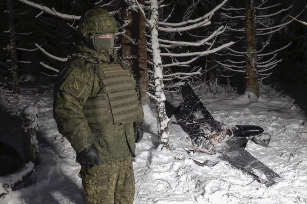 Wreckage of a drone that was shot down allegedly during an attempted strike on Russian President Vladimir Putin’s official residence in the northwestern Novgorod region. Russian Defence Ministry via EPA