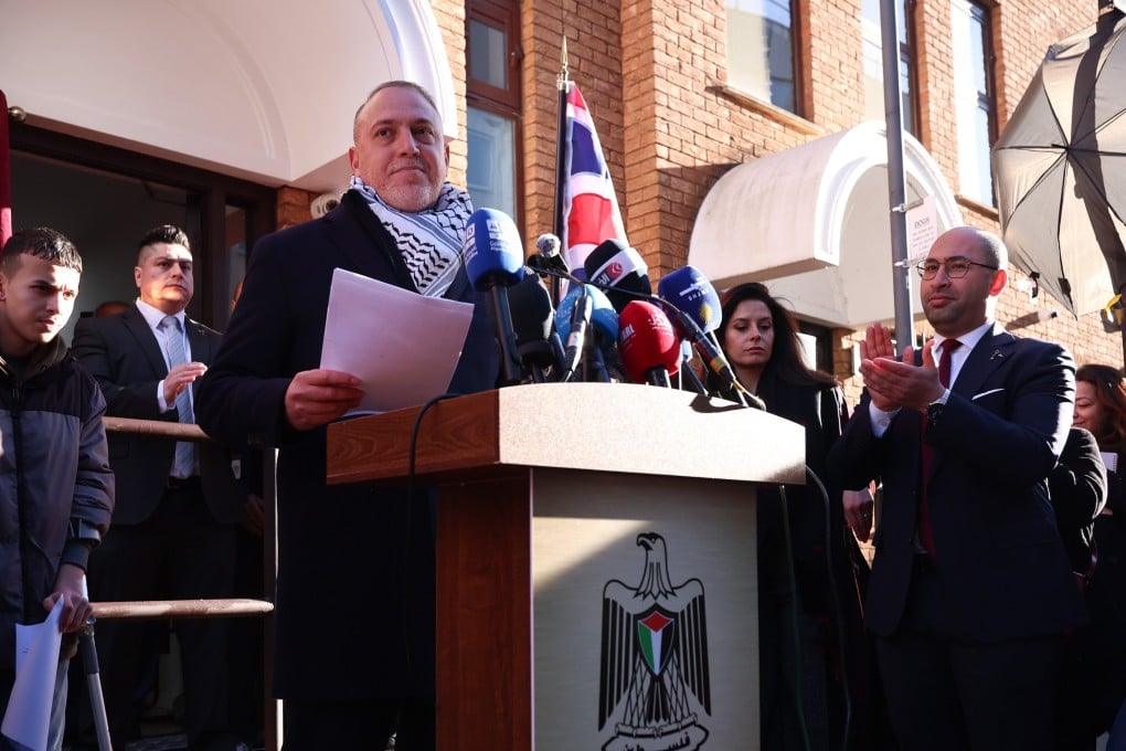 Palestinian Ambassador to the UK Dr Husam Zomlot delivers a speech during the inauguration ceremony of the Palestinian embassy in London on Monday. Photo: EPA