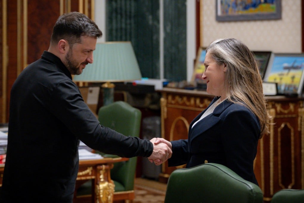 Ukraine’s President Volodymyr Zelensky and Chrystia Freeland. Photo: Ukrainian Presidential Press Service via Reuters