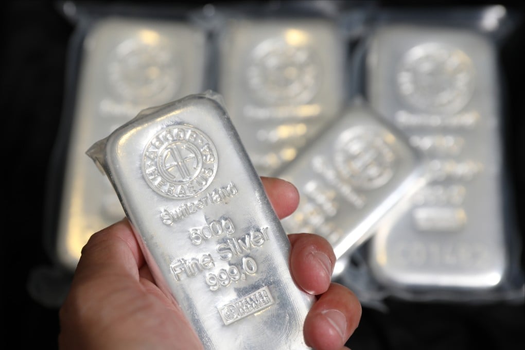 Silver bars are displayed at an office in Hong Kong, on August 20, 2020. Photo: May Tse