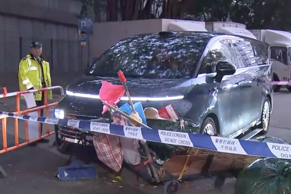 A 74-year-old cleaner was struck by a left-hand drive Geely car operating on a trade licence plate at a Hong Kong public housing estate on Wednesday. Photo: Now TV