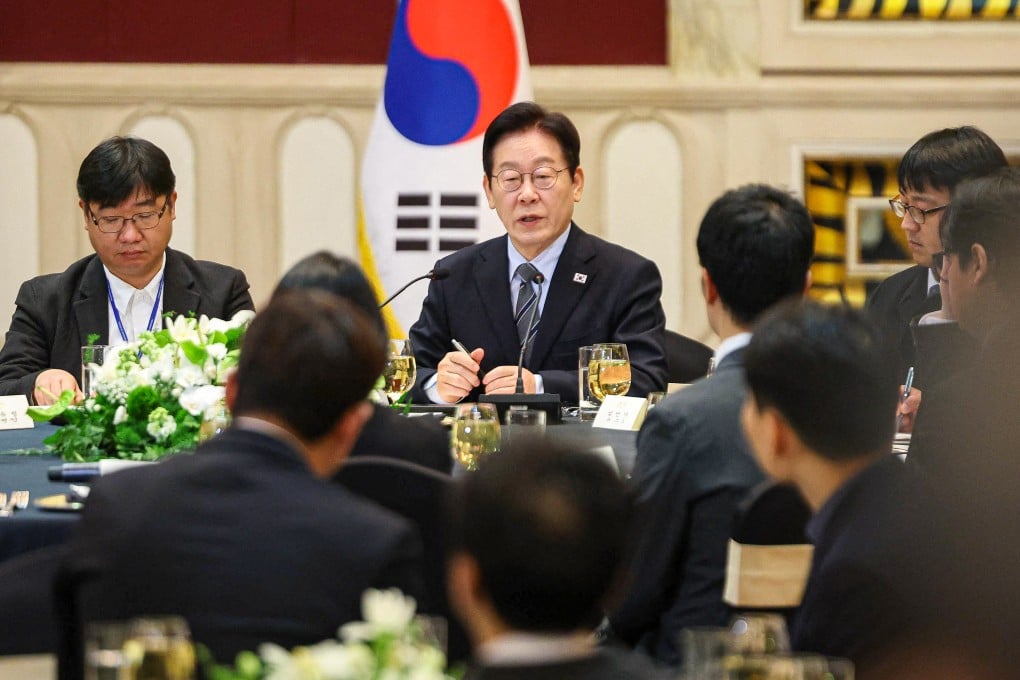 South Korean President Lee Jae Myung speaks to journalists at a hotel in Shanghai on Wednesday. Photo: AFP