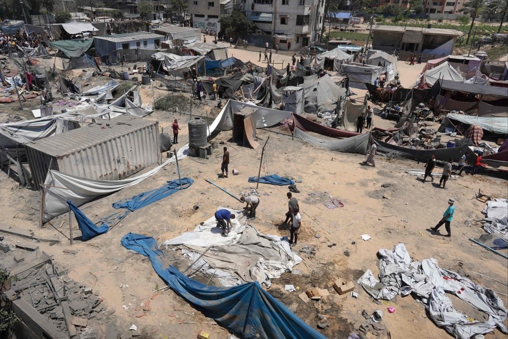 Destroyed tents and shelters after an Israeli strike on al-Mawasi camp near Khan Yunis in July 2024. Photo: AFP