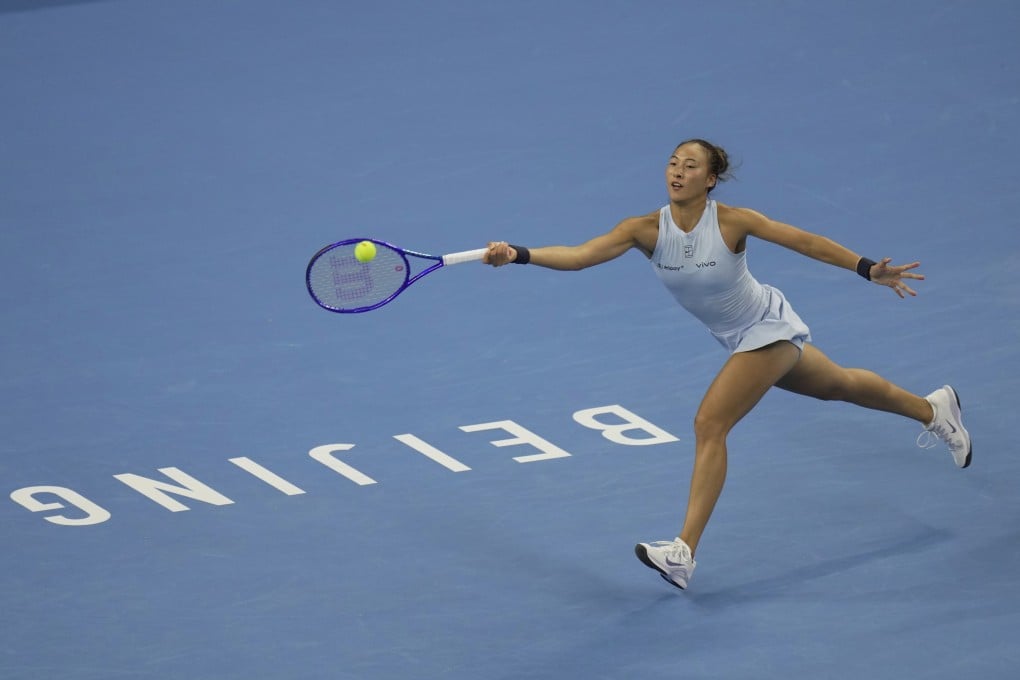 Zheng Qinwen returns a forehand shot to Linda Noskova during a women’s singles match at the China Open in September. Photo: AP