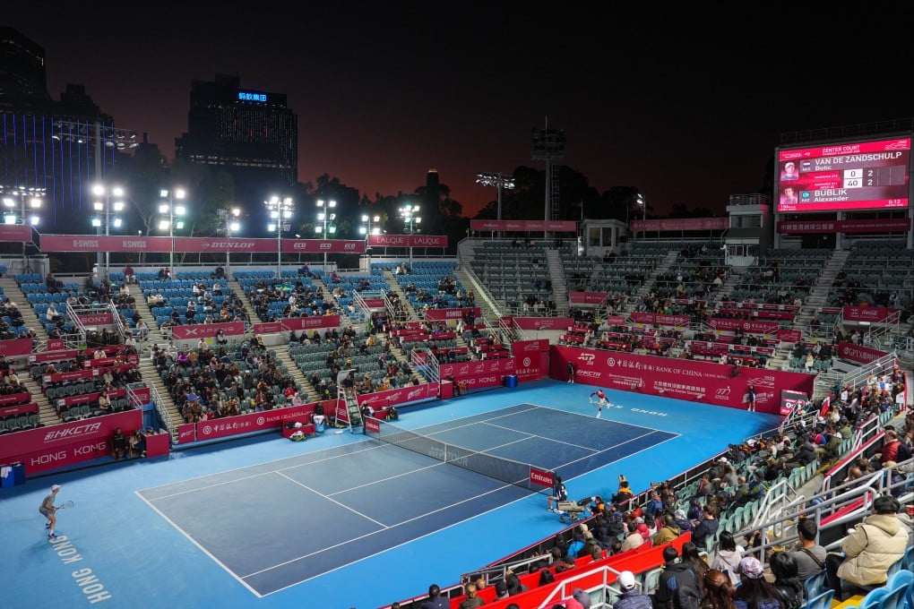 Alexander Bublik (right) serves during his men’s singles second round clash with Botic van de Zandschulp at Victoria Park. Photo: Elson Li