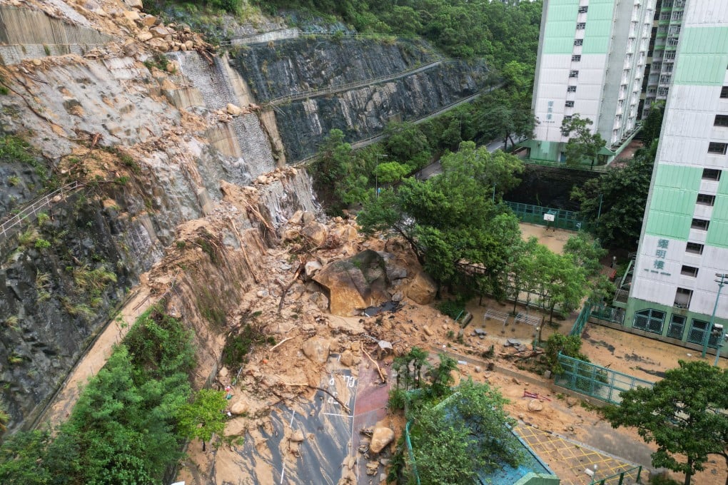 Debris collapses onto Yiu Hing Road at Shau Kei Wan in 2023. Photo: May Tse