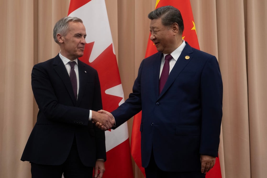 Canadian Prime Minister Mark Carney shakes hands with Chinese President Xi Jinping at the start of a meeting in Gyeongju, South Korea, in October. Photo: The Canadian Press via AP