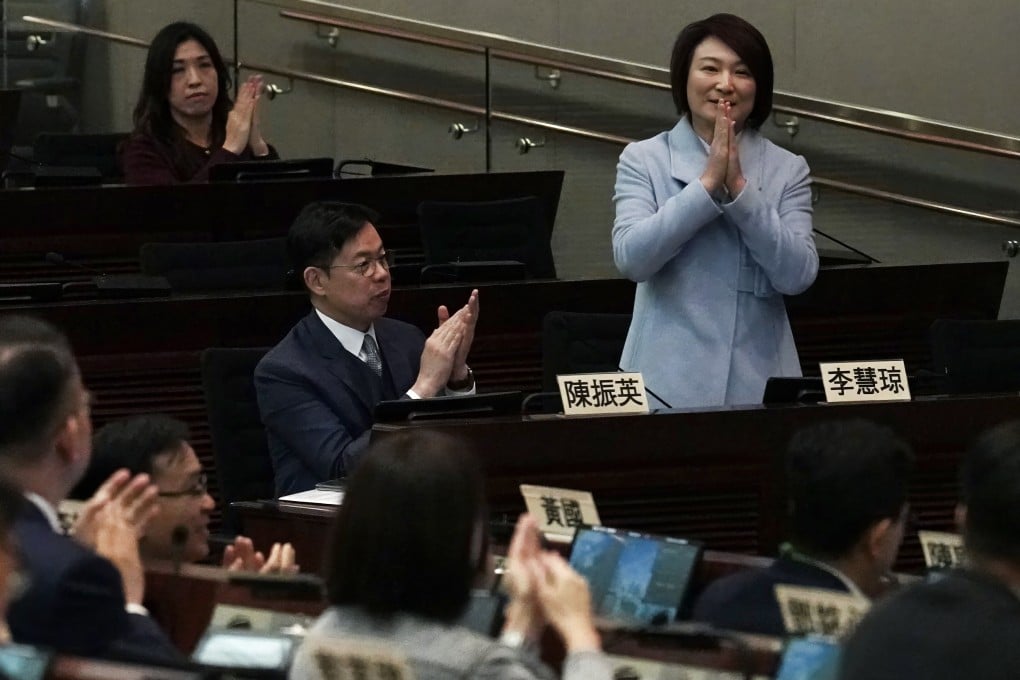 Starry Lee (right) receives applause at a special forum at the Legislative Council complex on January 8 ahead of the election of the president of the council. Photo: Karma Lo