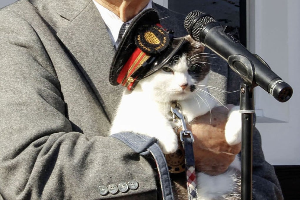 Newly appointed cat stationmaster Yontama is held by Wakayama Electric Railway President Mitsunobu Kojima on Wednesday, in Kinokawa, Wakayama prefecture, Japan. Photo: Kyodo