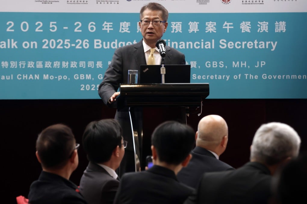 Financial Secretary Paul Chan Mo-po gives a speech at the Hong Kong Coalition of Professional Services luncheon at New World Harbour View in Wan Chai on March 11, 2025. Photo: Jonathan Wong