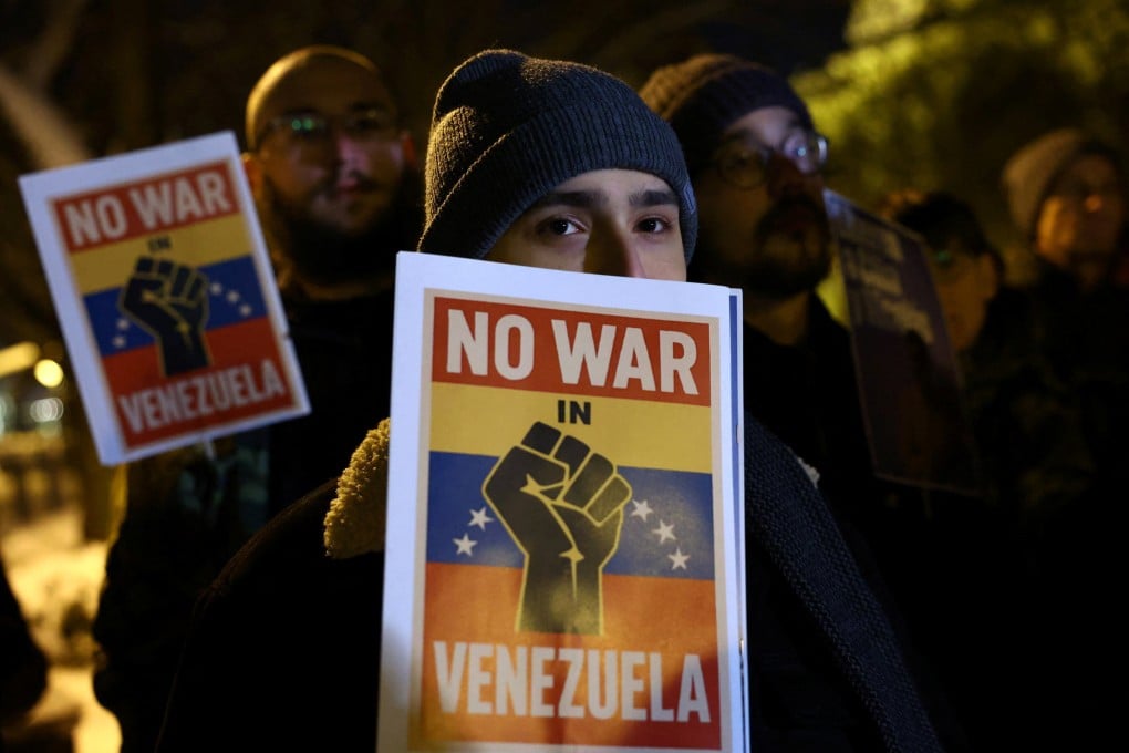 People attend an anti-Trump protest over US action in Venezuela near the US Embassy in Budapest, Hungary, on January 7. Photo: Reuters