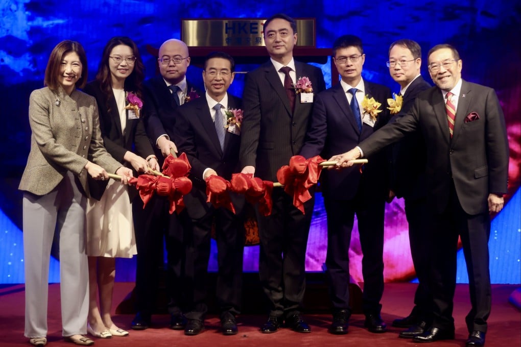 Executives of MiniMax Group, Suzhou Ribo Life Science, Yunnan Jinxun Resources and HKEX at the IPO listing ceremony on Friday. Photo: Jonathan Wong