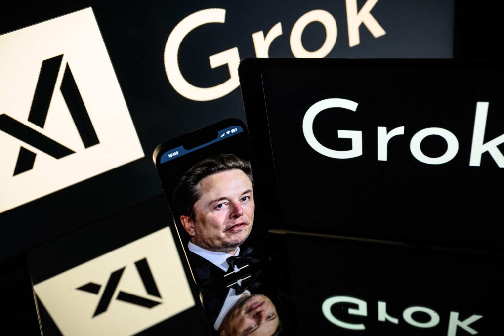 Screens display the logo of Grok, a generative artificial intelligence chatbot developed by xAI, and its founder Elon Musk. Photo: AFP