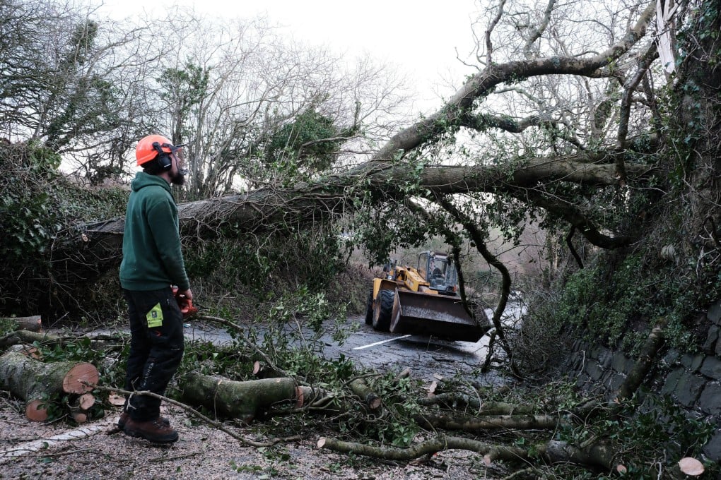 A fallen tree is cleared from a road in St Stephen, Cornwall, England, on Friday as Storm Goretti continues to batter the United Kingdom. Photo: PA via AP