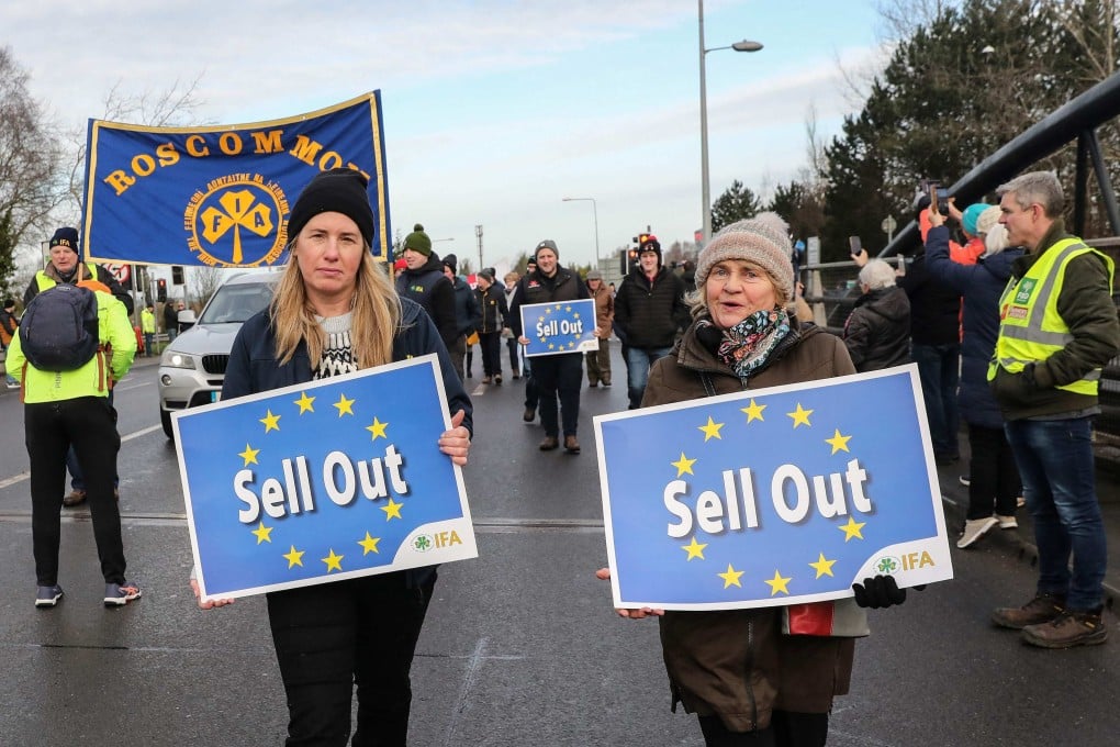 Farmers take part in a protest against the EU-Mercosur trade deal, in the town of Athlone, Ireland, on Saturday. Photo: AFP