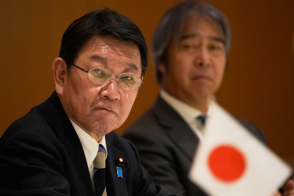 Japan’s Foreign Minister Toshimitsu Motegi looks on during a meeting in Israel on Sunday. He is due in Manila on Thursday. Photo: AP