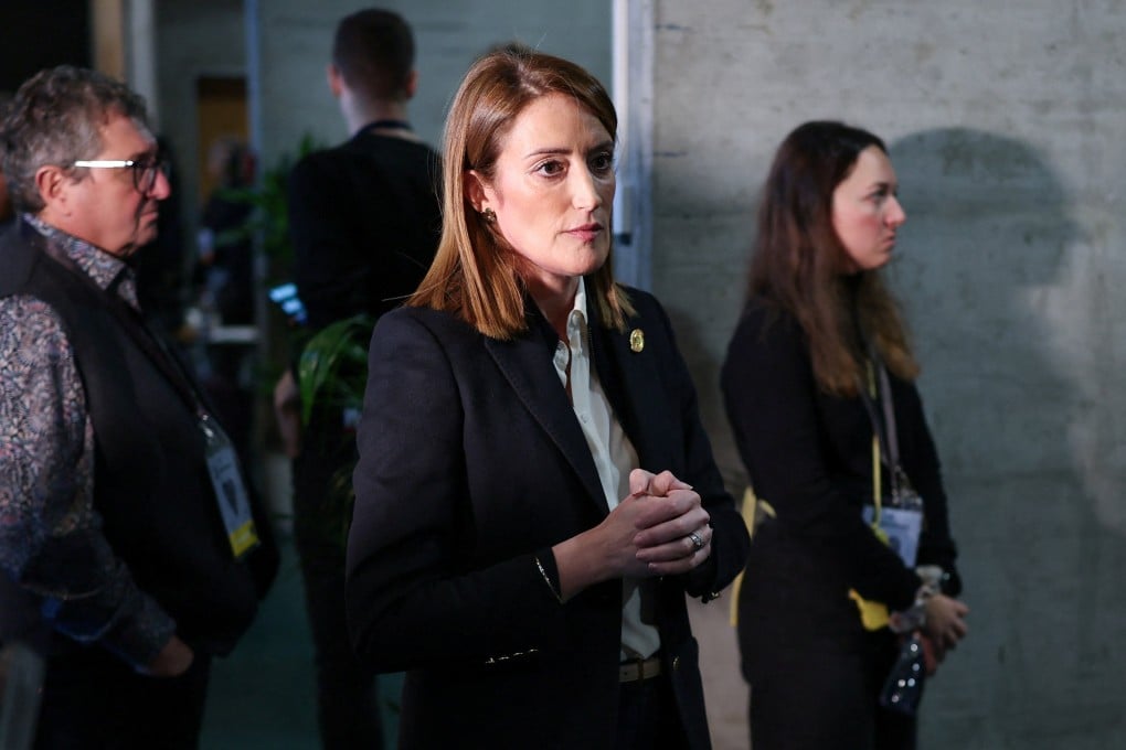 European Parliament President Roberta Metsola, centre, on Sunday encouraged protesters in Iran to continue demonstrating. Photo: Reuters