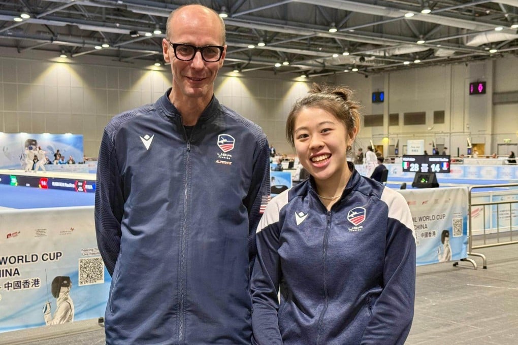 US women’s foil coach Ralf Bissdorf (left) and Jaelyn Liu at the Foil World Cup at Hong Kong’s AsiaWorld-Expo. Photo: Mike Chan