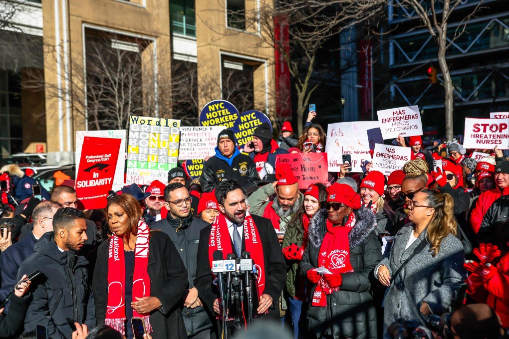 New York Mayor Zohran Mamdani speaks to the press as nurses from New York-Presbyterian/Columbia University Irving Medical Centre strike outside the hospital on Monday. Photo: Getty Images / AFP
