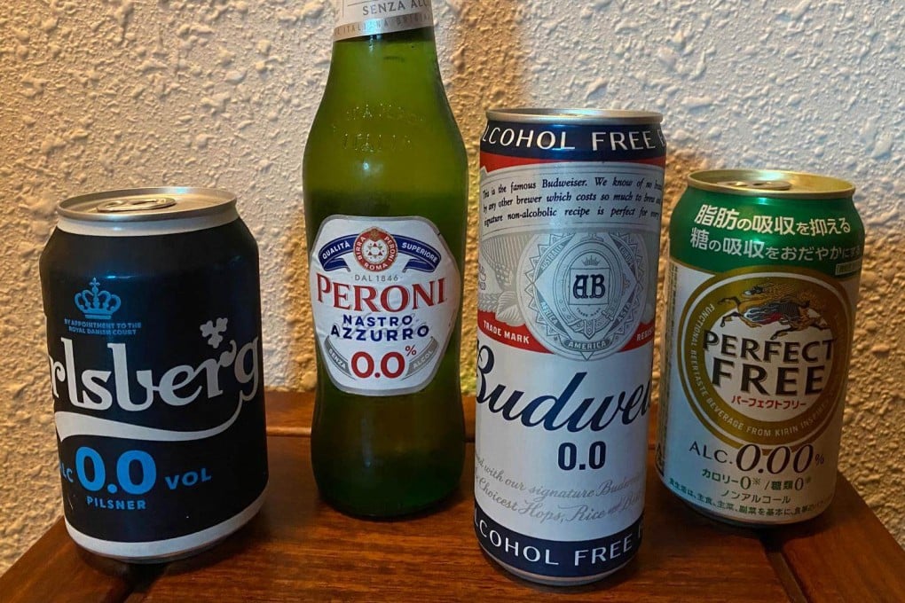 (From left) Carlsberg 0.0, Peroni 0.0, Budweiser 0.0 and Kirin’s Perfect Free are four non-alcoholic beers available for sale in Hong Kong shops. Photo: Cathy Hilborn Feng