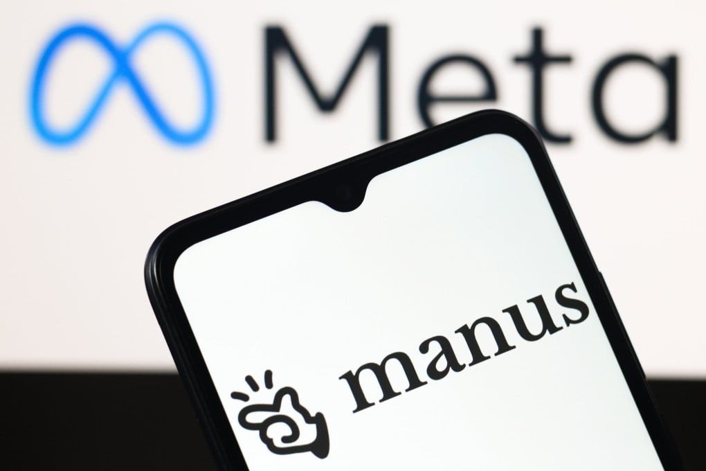The Manus AI logo is seen displayed on a smartphone screen with the Meta logo in the background. Photo: Getty Images