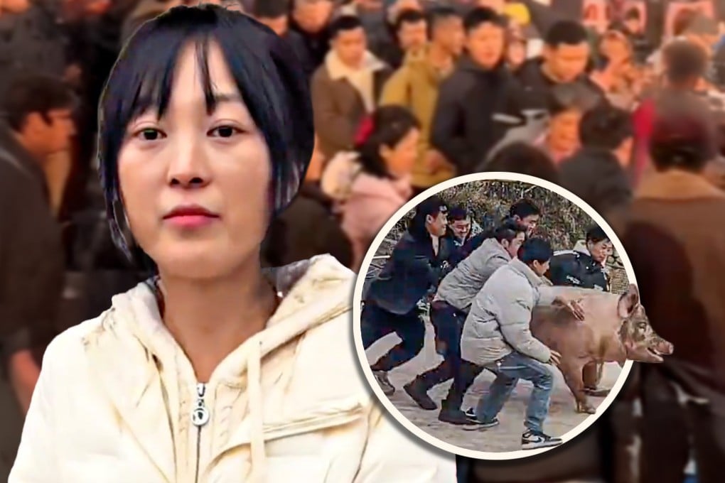 A Chinese woman, unable to slaughter pigs on her own, sought help online, prompting over 1,000 people turning up at her farm to assist her. Photo: SCMP composite/Douyin