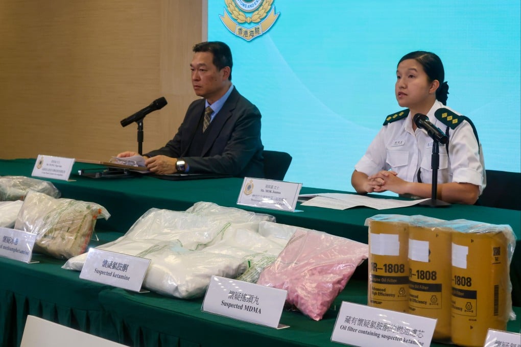 Wong Ngar-lun, group head of airport investigation at the Customs and Excise Department, left, and Joanna Mok, divisional commander of Air Cargo 3, reveal the details of the large-scale operation during a press conference. Photo: Jonathan Wong