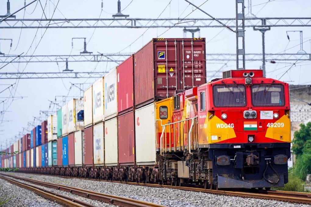 A train carrying cargo containers rides along a railway track in Ajmer, India, in August 2025. The US is India’s largest export market, receiving about 18 per cent of its total goods exports. Photo: AFP