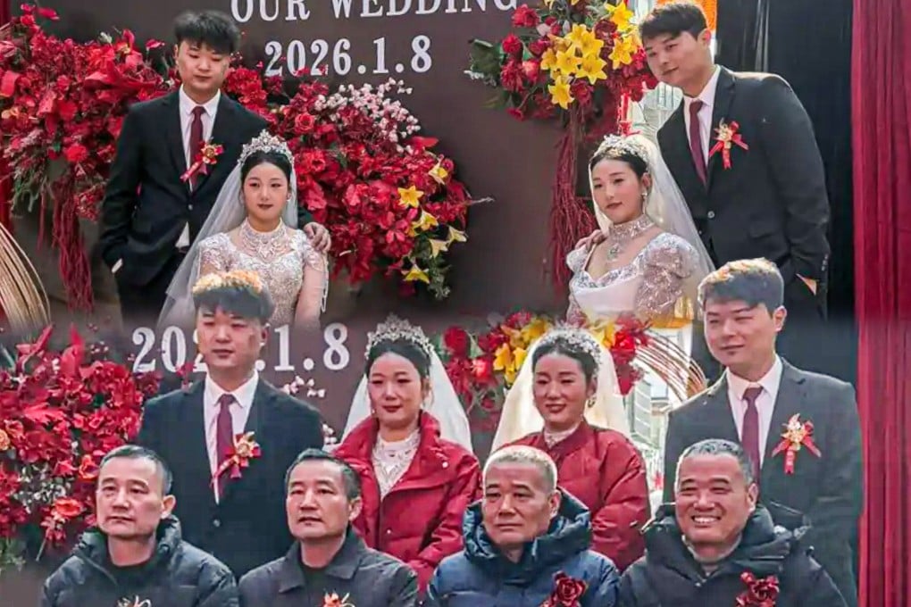 In an unusual wedding, twin sisters in China married twin brothers, with both sides having twin uncles.  Photo: SCMP composite/QQ.com