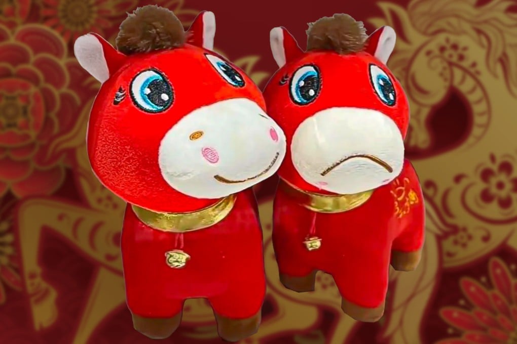 A production error at a Chinese factory led to soft toy horses with pouting mouths, dubbed the “crying face” horse, winning hearts online and boosting sales to tens of thousands daily. Photo: SCMP composite/Shutterstock/RedNote