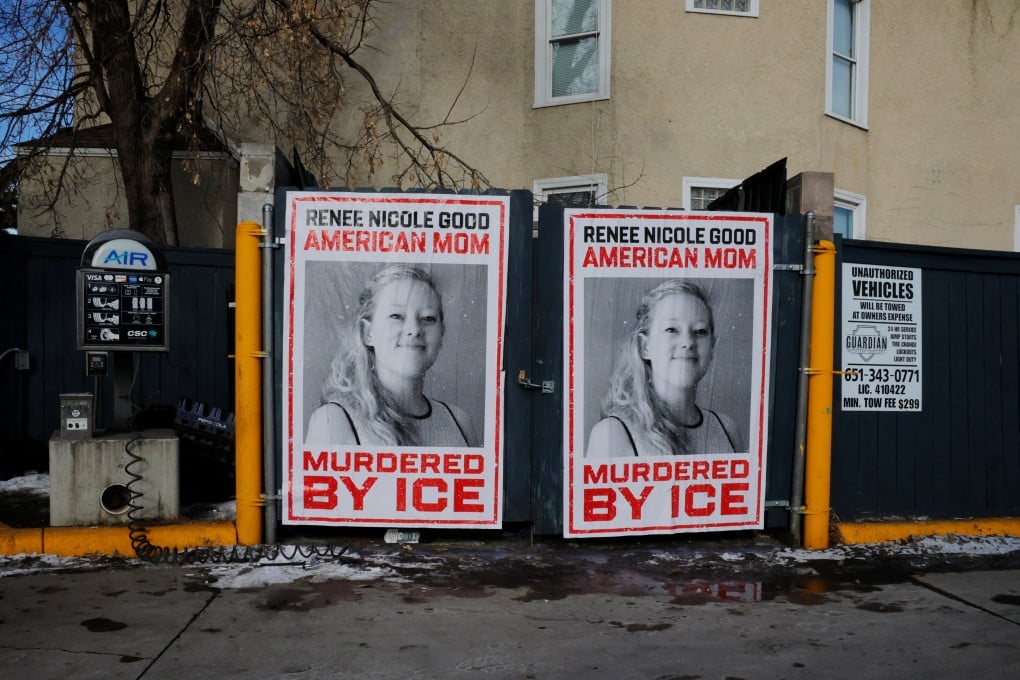 Signs hanging at a petrol station in Minneapolis for Renee Nicole Good, who was fatally shot by a US Immigration and Customs Enforcement agent. Photo: Reuters