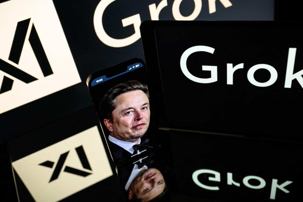 Screens display the logo of Grok and its founder Elon Musk. Photo: AFP